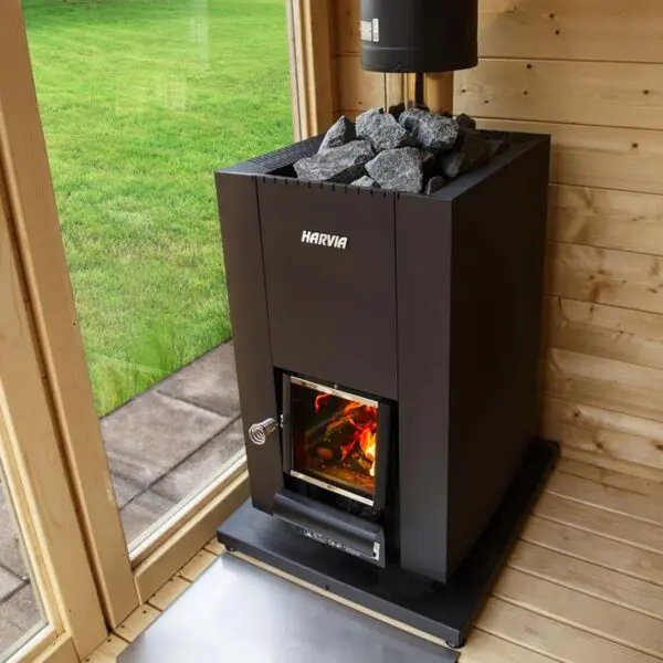 harvia wood burner heater in hot box sauna