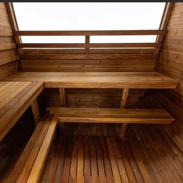 interior of hot box sauna with nordic spruce wood