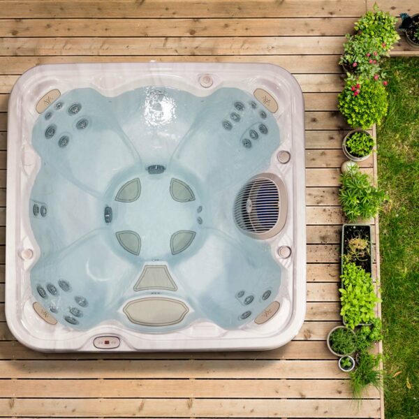 hydropool 6600 serenity hot tub overhead image on decking in the garden